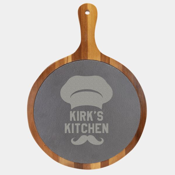 10 1/2" x 14 1/2" Round Acacia Wood/Slate Serving Board with Handle Thumbnail
